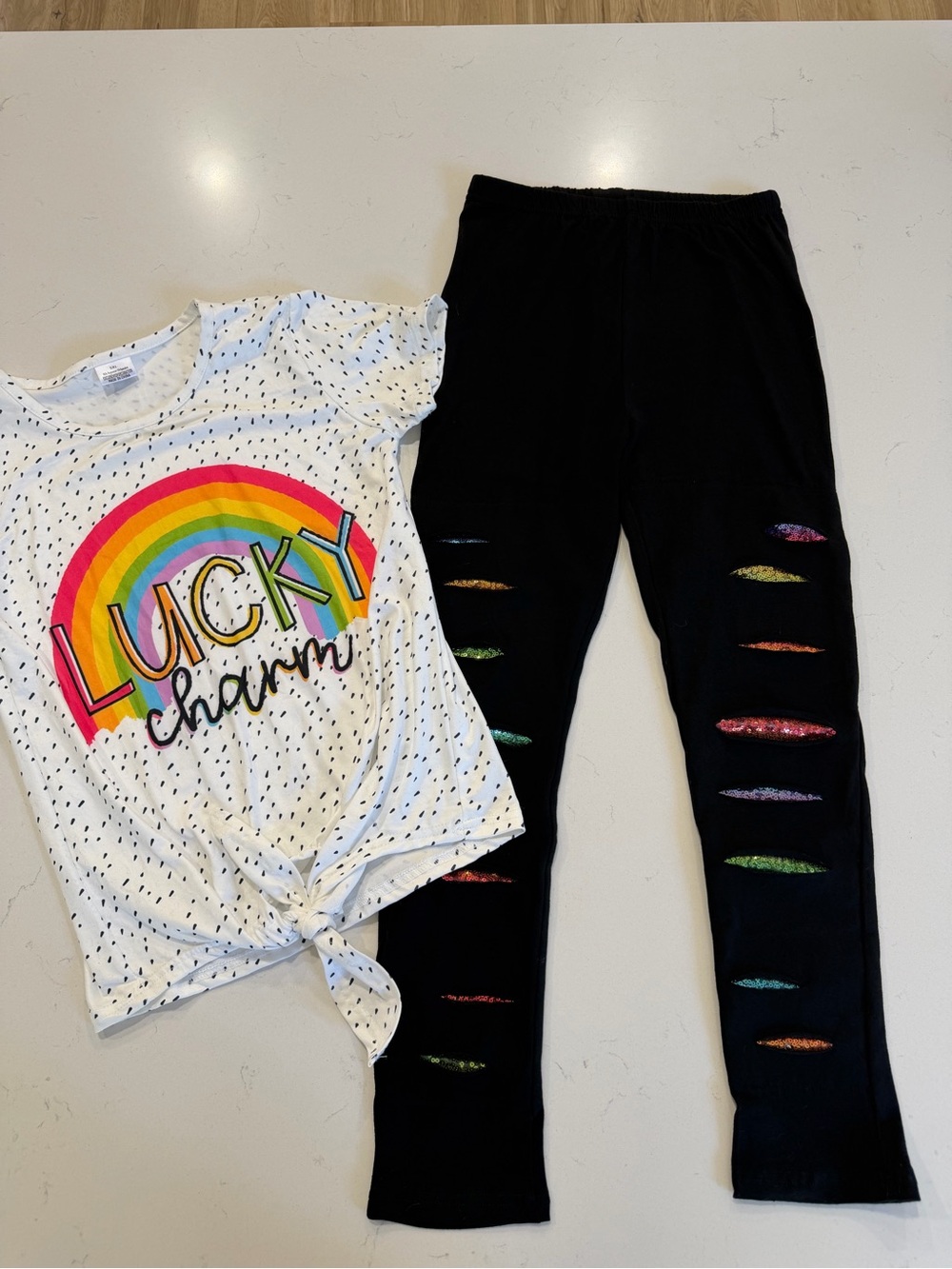 Sparkle in Pink Lucky Charm Rainbow Sequin Outfit Girls 5XL 12/14 NWOT